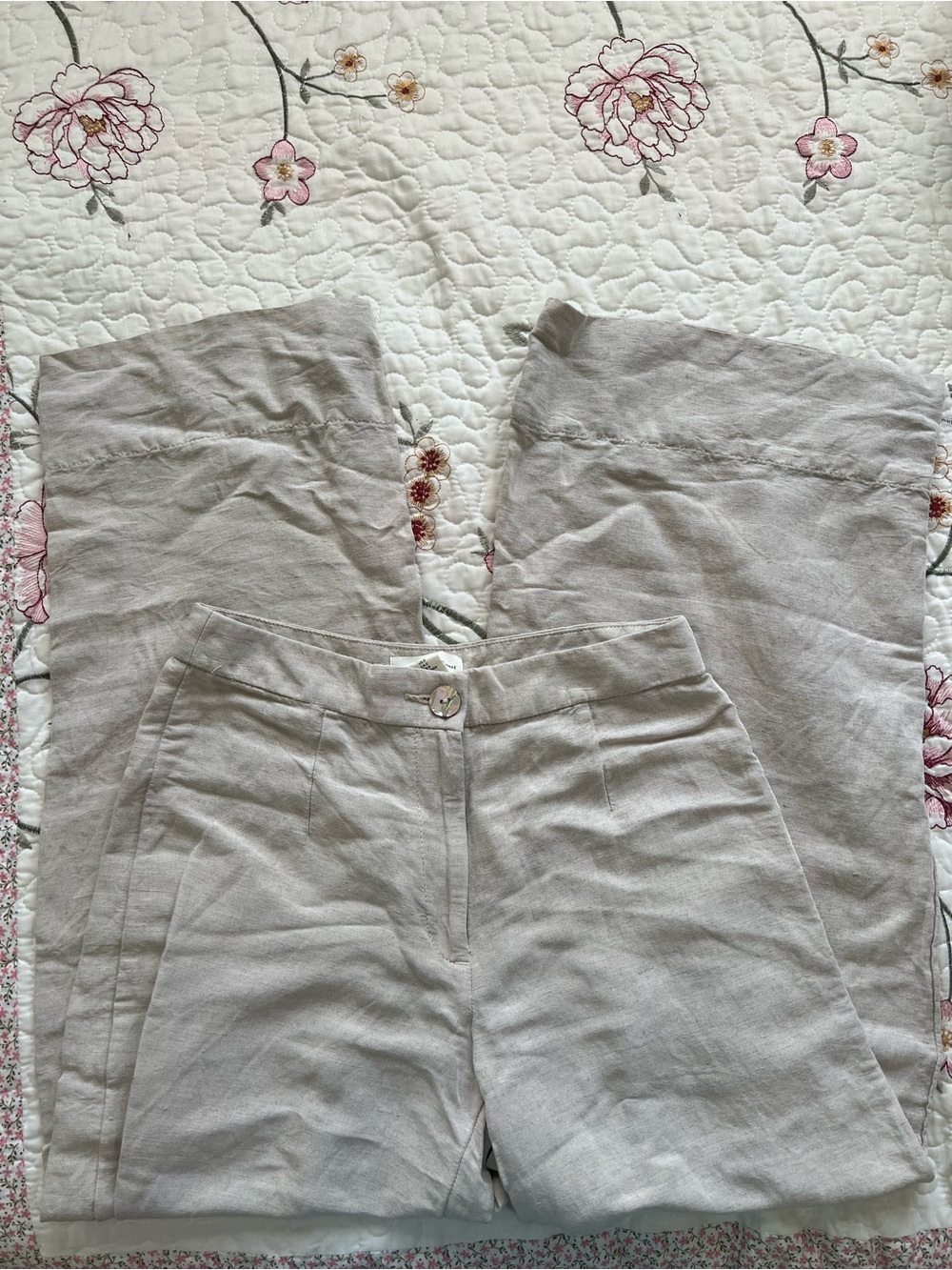 H&M Light Taupe Wide-Leg Linen-Blend Trousers